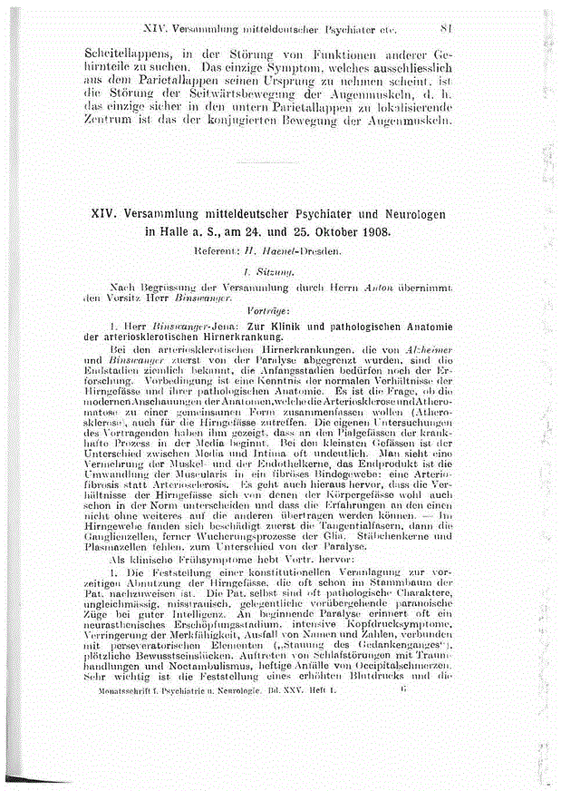 First page of XIV. Versammlung mitteldeutscher Psychiater und Neurologen in Halle a. S., am 24. und 25. Oktober 1908.