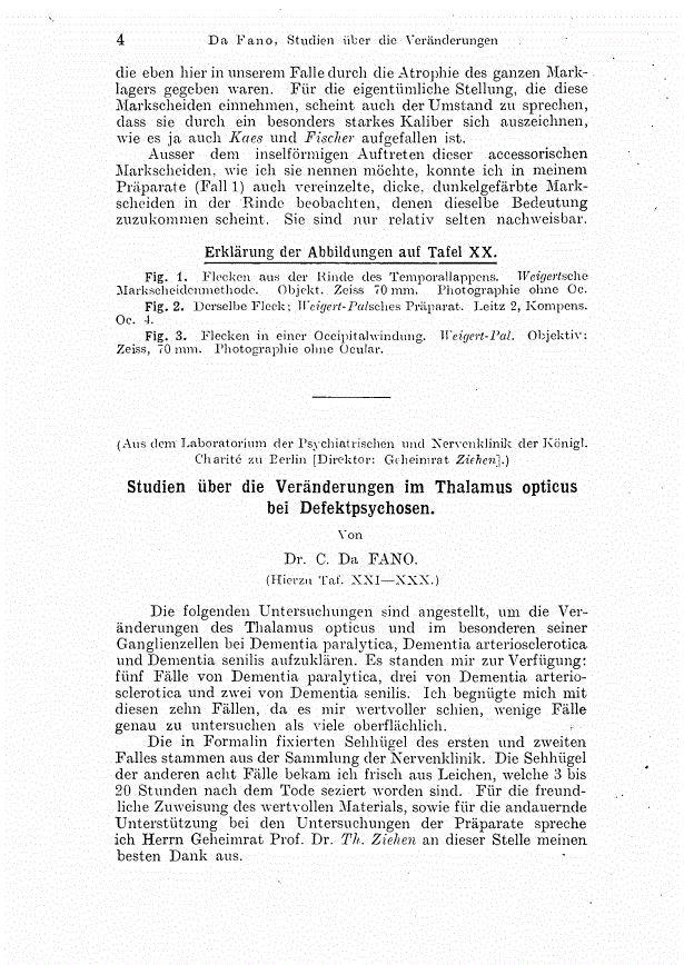 First page of Studien über die Veränderungen im Thalamus opticus bei Defektpsychosen. pp. 4–19