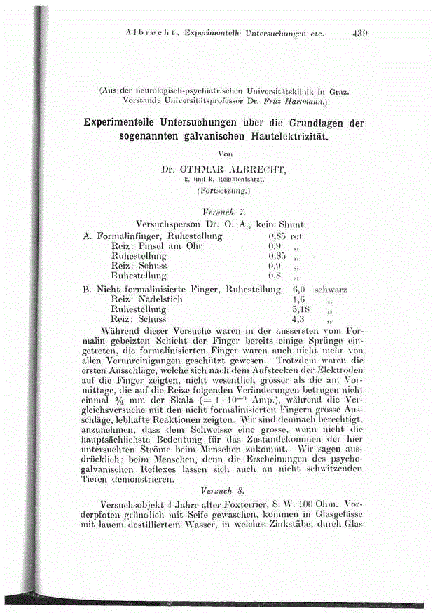 First page of Experimentelle Untersuchungen über die Grundlagen der sogenannten galvanischen Hautelektrizität.