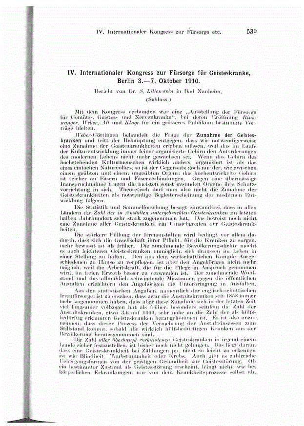 First page of IV. Internationaler Kongress zur Fürsorge für Geisteskranke, Berlin 3.-7. Oktober 1910. (Schluss.)