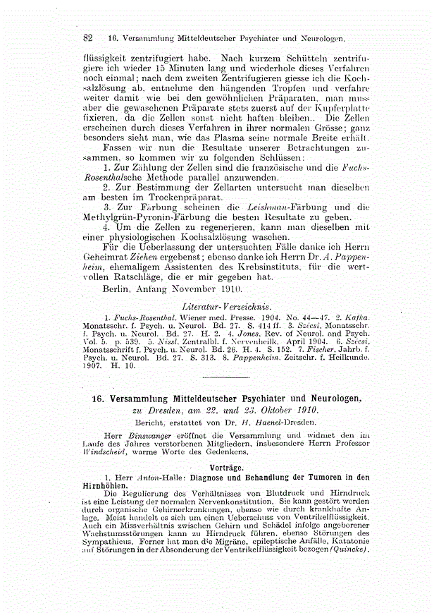 First page of 16. Versammlung Mitteldeutscher Psychiater und Neurologen.<subtitle>zu Dresden, am 22. und 23. Oktober 1910.</subtitle>