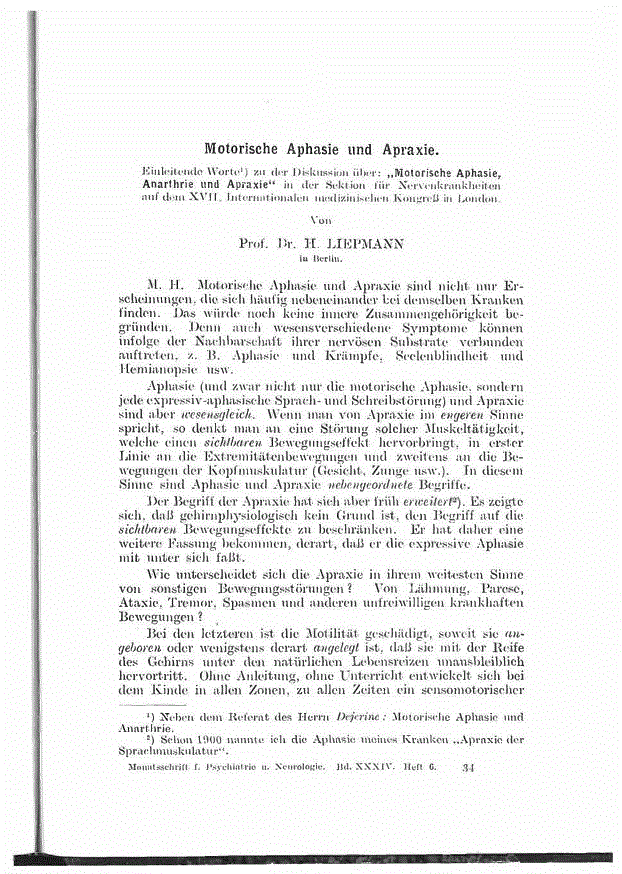 Motorische Aphasie und Apraxie. Monatsschrift für Psychiatrie und