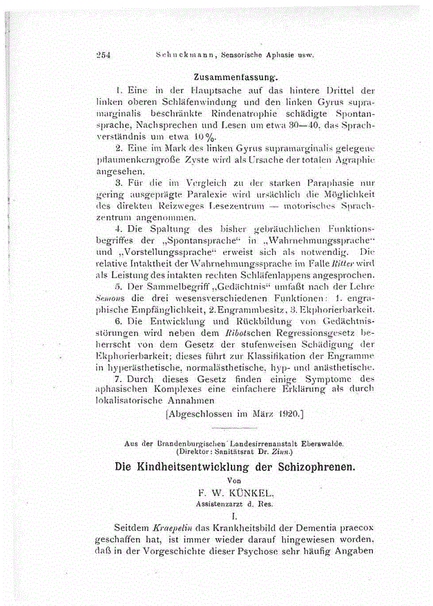 First page of Die Kindheitsentwicklung der Schizophrenen.