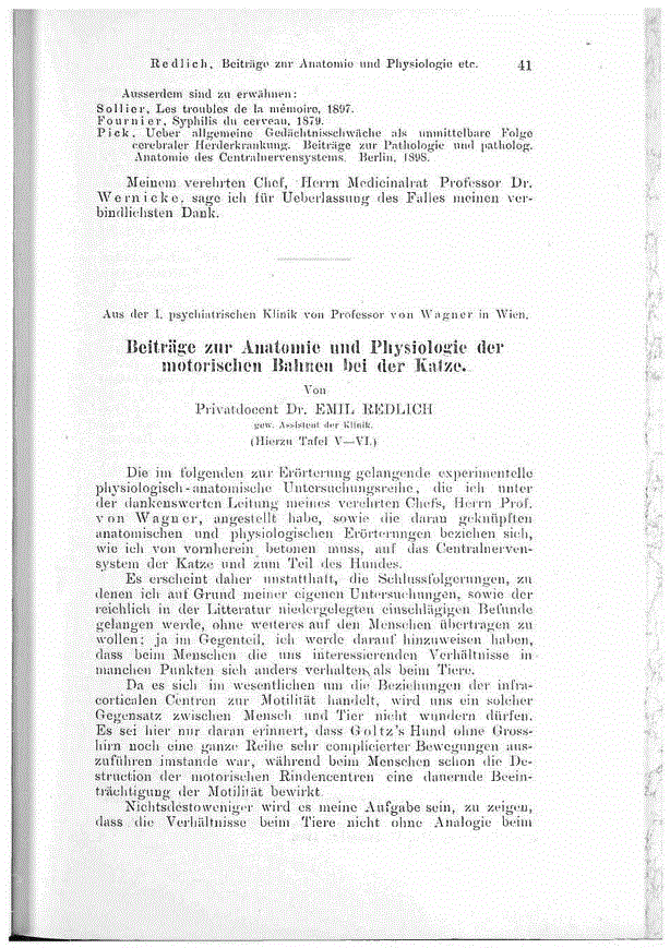 First page of Beiträge zur Anatomie und Physiologie der motorischen Bahnen bei der Katze.