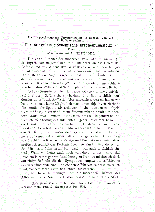 First page of Der Affekt als biochemische Erscheinungsform.