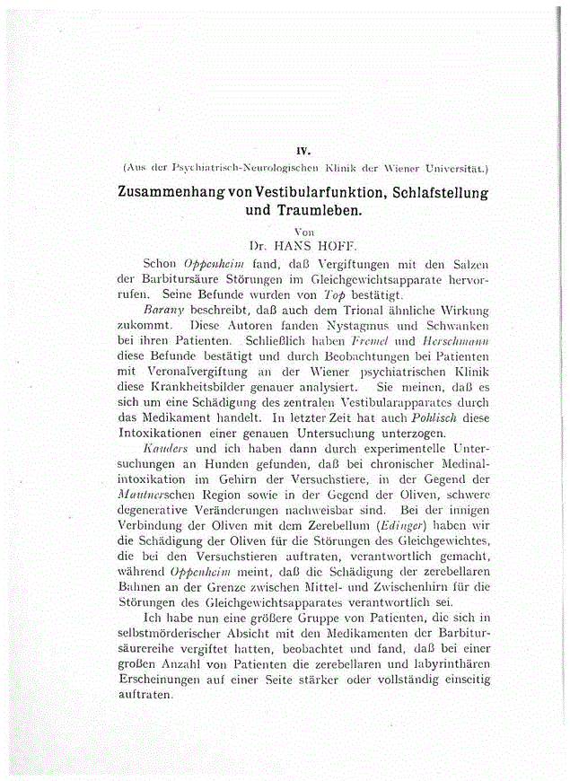 First page of Zusammenhang von Vestibularfunktion, Schlafstellung und Traumleben.
