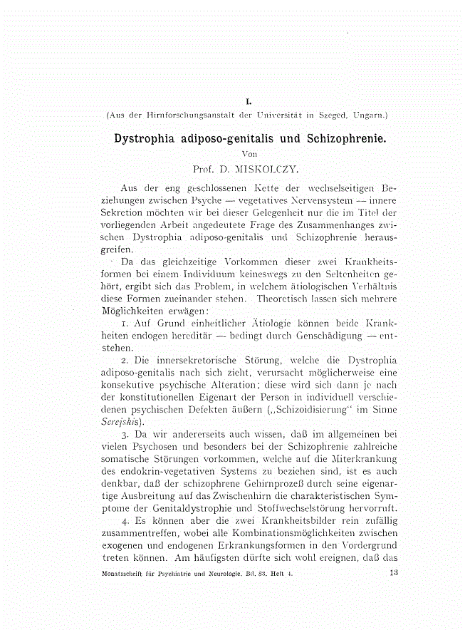 First page of Dystrophia adiposo-genitalis und Schizophrenie.