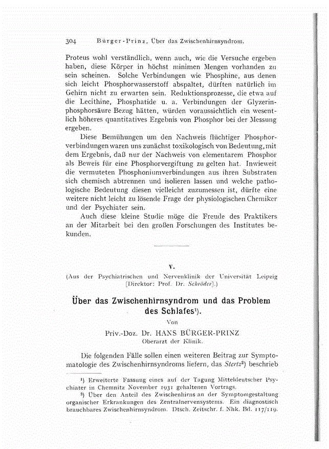 First page of Über das Zwischenhirnsyndrom und das Problem des Schlafes.