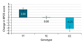 Fig. 4. C allele carriers of the SLC6A9 variant rs16831558 experienced an allele dose-dependent reduction in BPOS scores following 6 months of CLZ therapy (puncorrected = 0.008, pcorrected = 0.08, assuming 9.36 independent tests); however, this finding did not remain significant following correction for multiple testing.