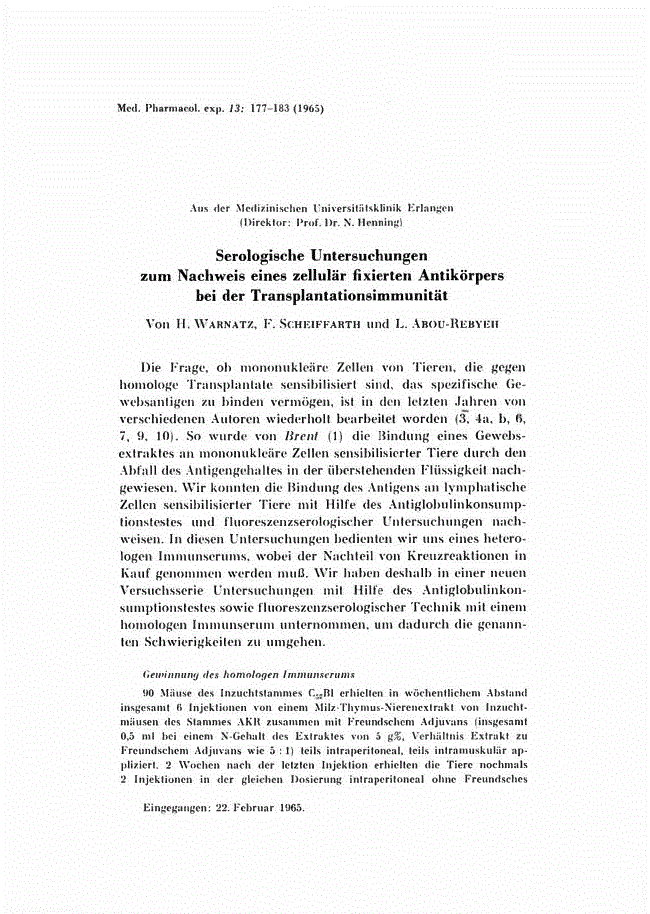 First page of Serologische Untersuchungen zum Nachweis eines zellulär fixierten Antikörpers bei der Transplantationsimmunität