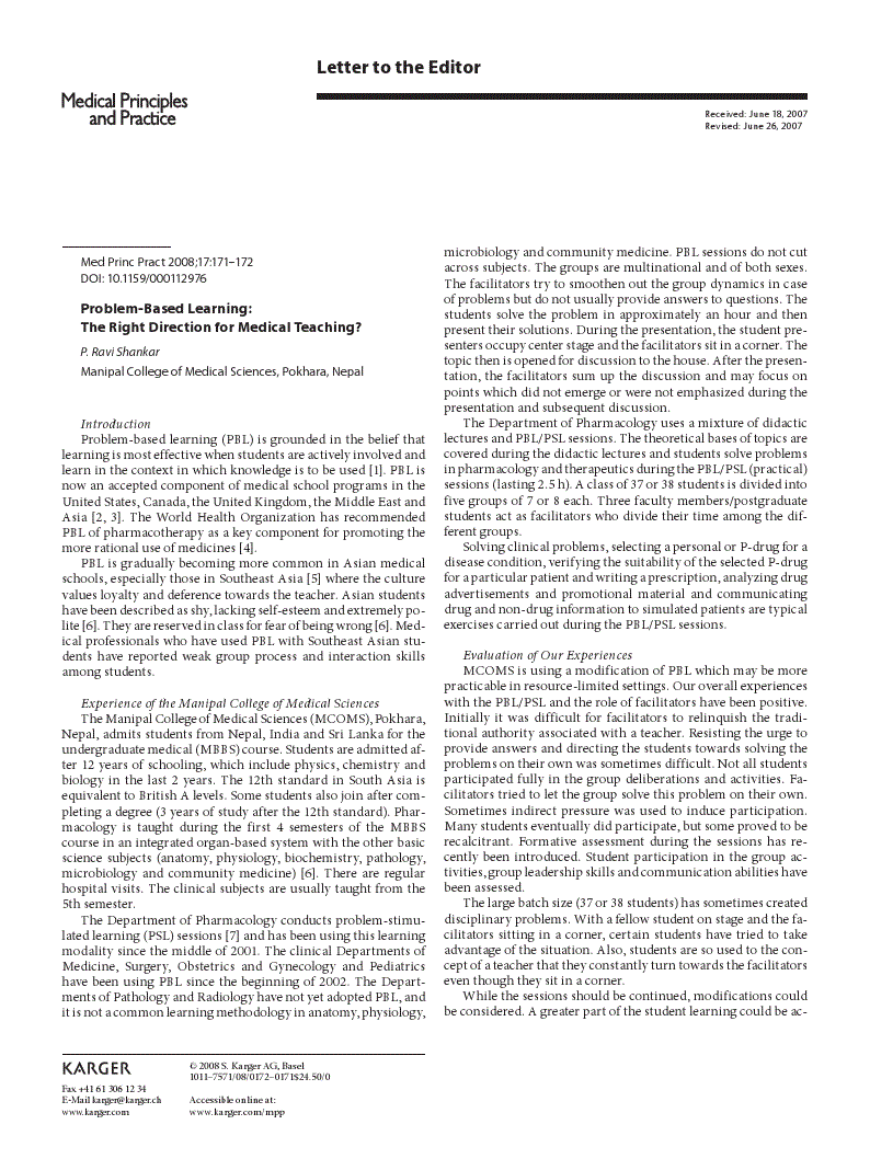 First page of Problem-Based Learning: The Right Direction for Medical Teaching?