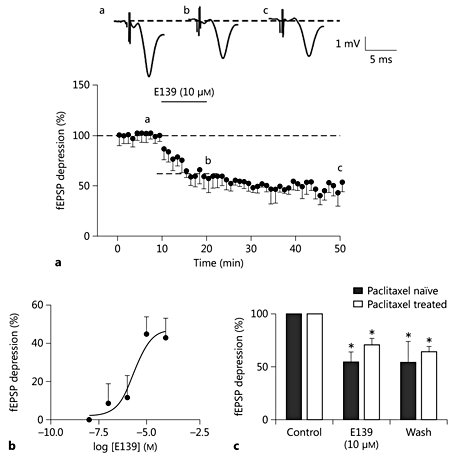 Fig. 5. E139 caused a consistent depression in fEPSPs in the rat ACC. a Normalized and averaged time-effect plots from paclitaxel-naïve (n = 5) rats showing the effect of E139 (10 μM) on fast synaptic transmission. Inserts are sample fEPSPs (average of 5 consecutive traces) recorded in the area II/III of the rat ACC taken at the times indicated by letters in the graph. b Concentration-response curve of the effect of E139 on ACC slices from an untreated rat. Each point on the graph represents the mean of 3-5 slices. c Summary bar graph showing the effect of E139 on fEPSPs in paclitaxel-naïve and paclitaxel-treated rats. * p < 0.05, ** p < 0.01, vs. baseline.
