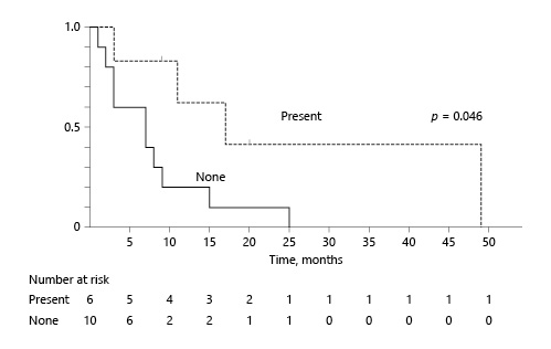 Fig. 3. Kaplan-Meier OS curves according to past treatment history of the primary tumor. A significant difference is shown between those who did and did not receive treatment for the primary tumor (p = 0.046).