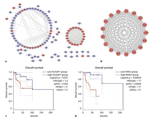 Fig. 2. PPI network construction and Kaplan-Meier survival analysis. a PPI network was constructed from common DEGs. b The most significant cluster 1 was identified from the PPI network; the red circle presented upregulated genes, while the black square presented downregulated genes. c Overall survival curves for NUSAP1. d Overall survival curves for RRM2. PPI, protein-protein interaction; DEGs, differentially expressed genes.