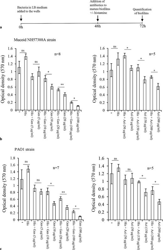 Effect of gentamicin and azithromycin on P. aeruginosa biofilms. a A schematic representation of the experimental setting. b Forty-eight hours mature mucoid NH57388A biofilms were incubated for 24 h in the absence of any effector (−), or in the presence of histamine (His) (10−4m), gentamicin (Gen) (5 µg/mL, 10 µg/mL, 20 µg/mL or 100 µg/mL), azithromycin (Azi) (50 µg/mL, 150 µg/mL, 300 µg/mL), or a combination of gentamicin (5 µg/mL, 10 µg/mL, 20 µg/mL or 100 µg/mL) and histamine (10−4m), or a combination of azithromycin (50 µg/mL, 150 µg/mL, 300 µg/mL) and histamine (10−4m). Thereafter, biofilms were quantified as described in the legends to Fig. 1a. c Similar experiments, as described in (b), were performed with the PAO1 strain. The data represent mean values ± SEM of 5–8 independent experiments. *p < 0.05, **p < 0.01 as determined by a paired Student’s t test. Ns, not significant.
