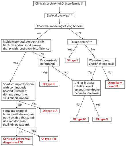 Fig. 8. Flow schedule for postnatal diagnosis of OI. * Recurrent fractures, shortening of limbs, deformation of bones, short stature, early osteoporosis, blue sclerae, hearing loss, dental problems, and joint laxity. ** Particularly in case of short stature and/or disproportiate stature and/or clinical deformity of long bones. *** In infants <1 year, blue sclerae can be a normal phenomenon.