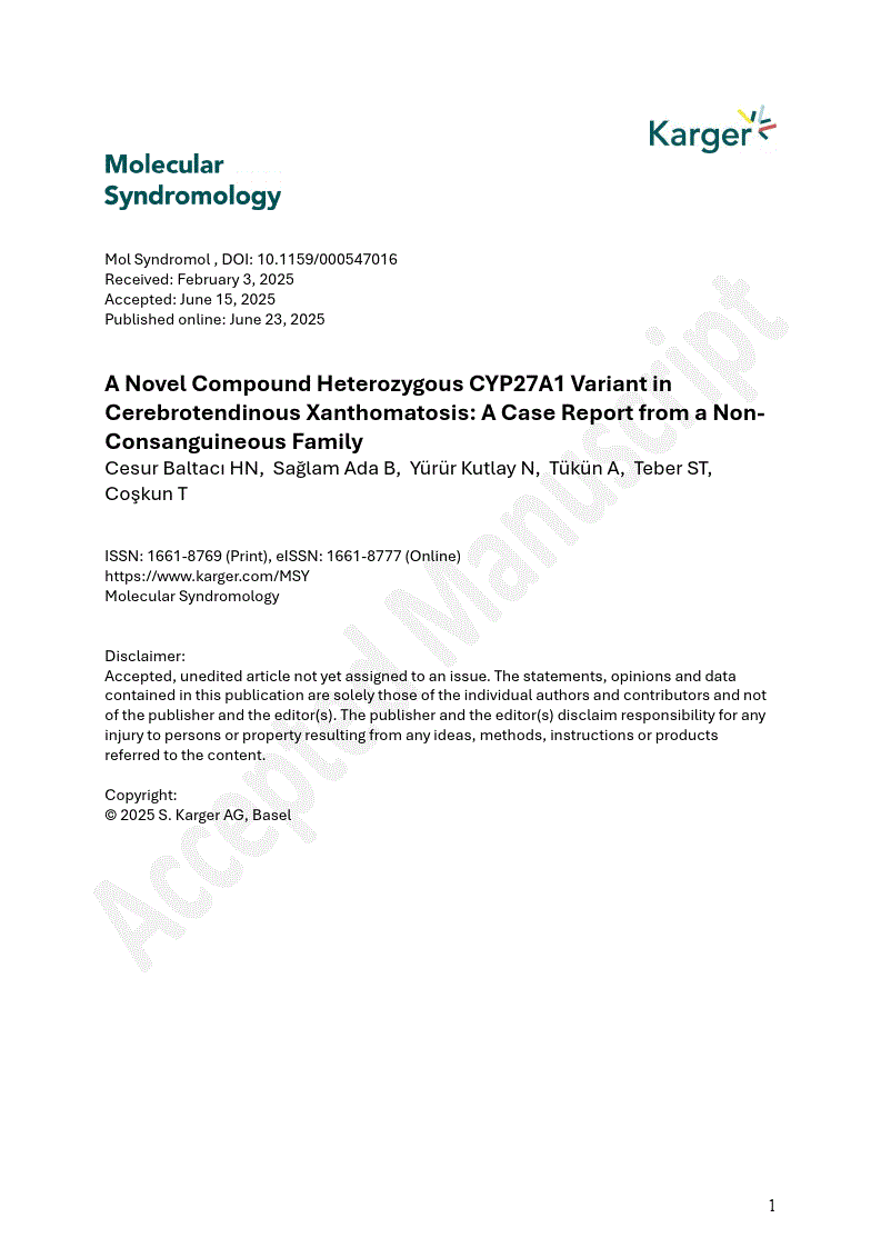 First page of A Novel Compound Heterozygous CYP27A1 Variant in Cerebrotendinous Xanthomatosis: A Case Report from a Non-Consanguineous Family