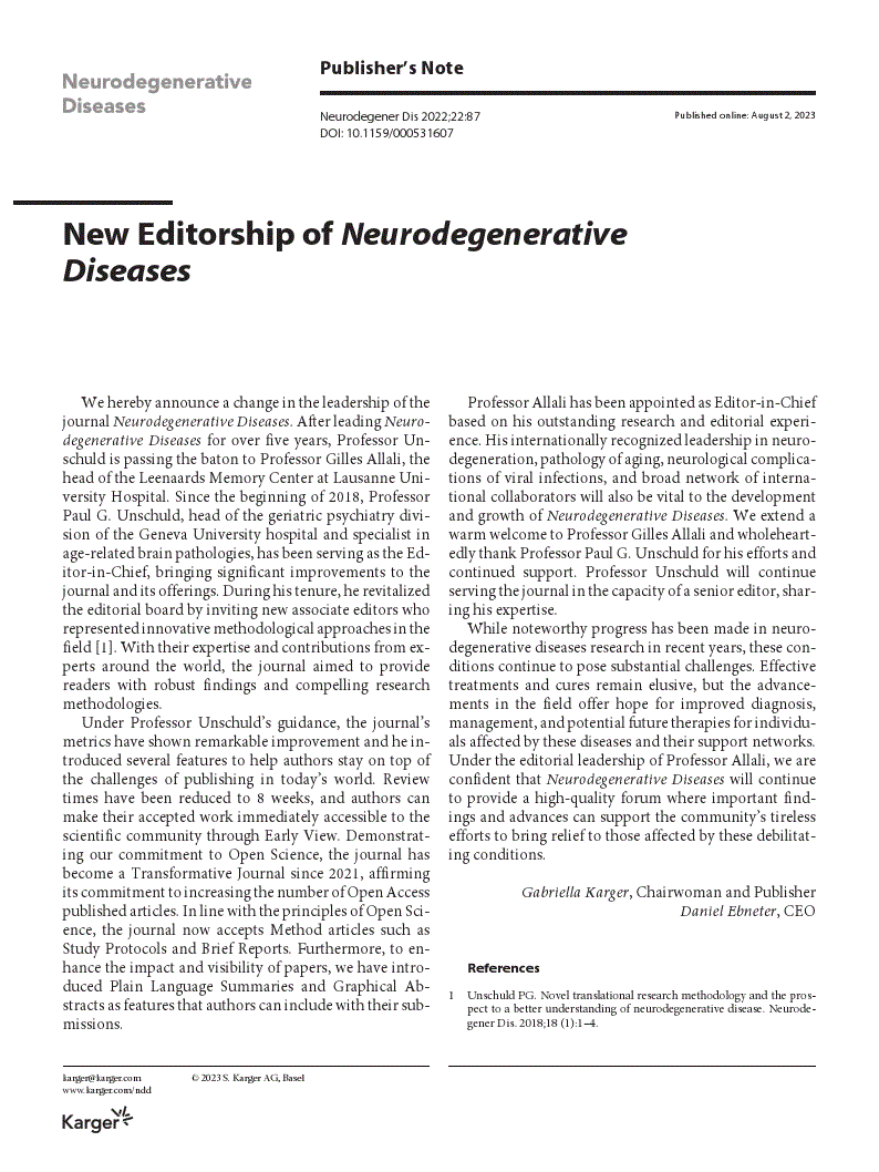 First page of New editorship of Neurodegenerative Diseases