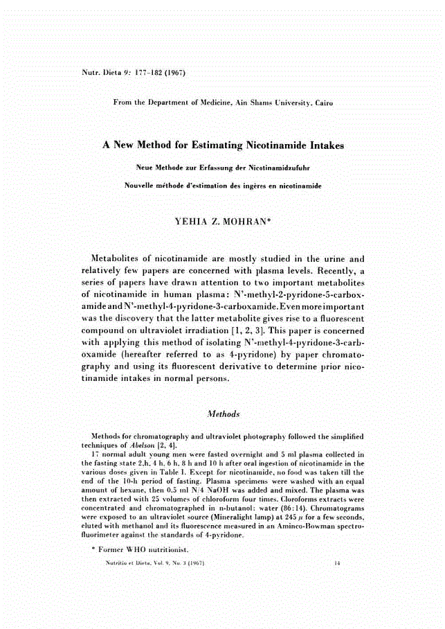 First page of A New Method for Estimating Nicotinamide Intakes<subtitle>Neue Methode zur Erfassung der Nicotinamidzufuhr. – Nouvelle méthode ďestimation des ingères en nicotinamide</subtitle>
