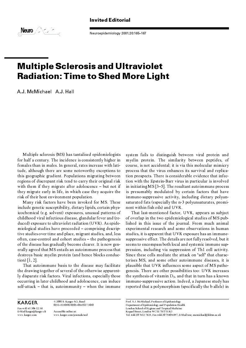 First page of Multiple Sclerosis and Ultraviolet Radiation: Time to Shed More Light