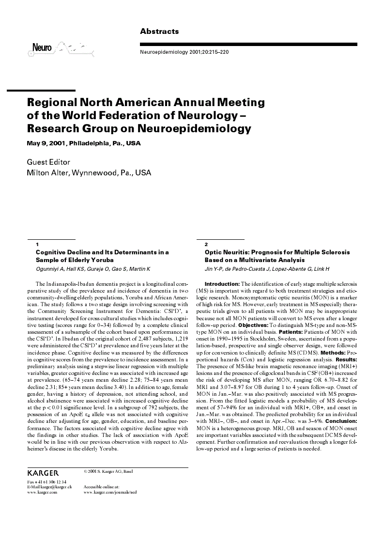 First page of Regional North American Annual Meeting of the World Federation of Neurology – Research Group on Neuroepidemiology<subtitle>May 9, 2001, Philadelphia, Pa., USA</subtitle>