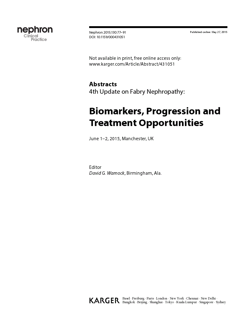 First page of 4th Update on Fabry Nephropathy: Biomarkers, Progression and Treatment Opportunities. June 1-2, 2015, Manchester, UK: Abstracts