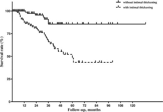 Proportion of PMN patients with and without intrarenal small artery intimal thickening in reaching the renal composite endpoint (Kaplan-Meier survival analysis).