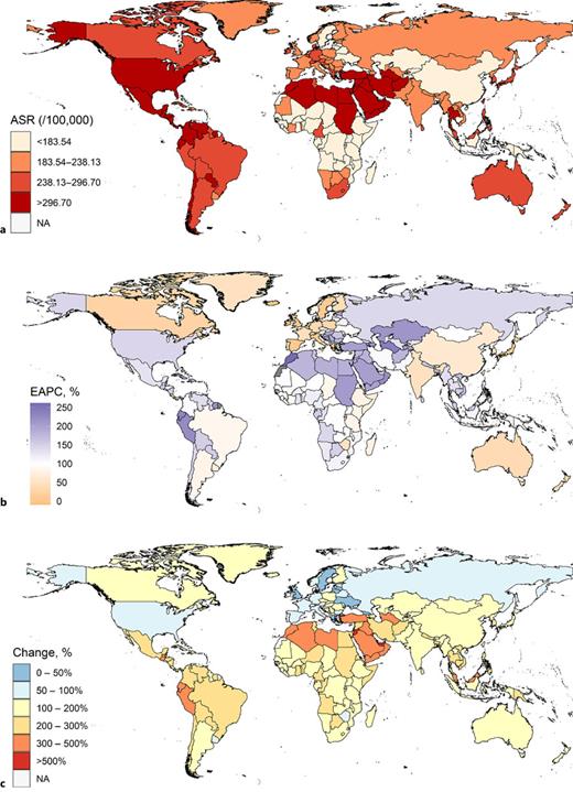 The ASIR in 2019, EAPC of ASIR, and change of incident cases between 1990 and 2019 due to total CKD. ASIR in 2019 (a), EAPC of ASIR between 1990 and 2019 (b), changes of incident cases between 1990 and 2019 (c). ASIR, age-standardized incidence rate; EAPC, estimated annual percentage change; CKD, chronic kidney disease.