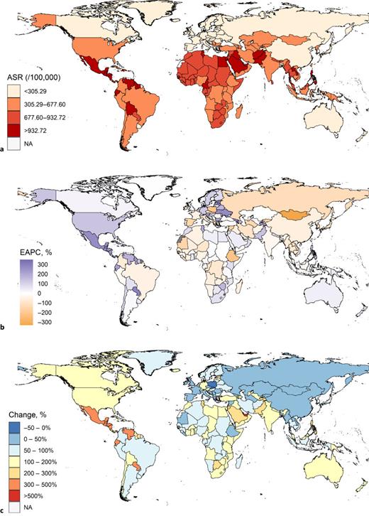 The age-standardized DALY rate in 2019, EAPC of age-standardized DALY rate, and change of DALYs between 1990 and 2019 due to total CKD. Age-standardized DALY rate in 2019 (a), EAPC of age-standardized DALY rate between 1990 and 2019 (b), changes in DALYs between 1990 and 2019 (c). DALY, disability-adjusted life year; EAPC, estimated annual percentage change; CKD, chronic kidney disease.