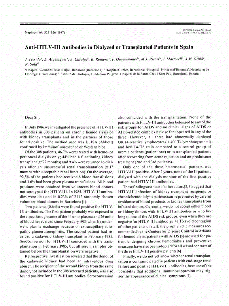 First page of Anti-HTLV-III Antibodies in Dialyzed or Transplanted Patients in Spain