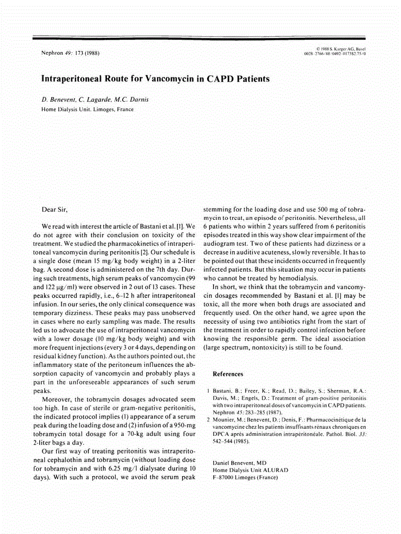 Intraperitoneal Route for Vancomycin in CAPD Patients | Nephron ...