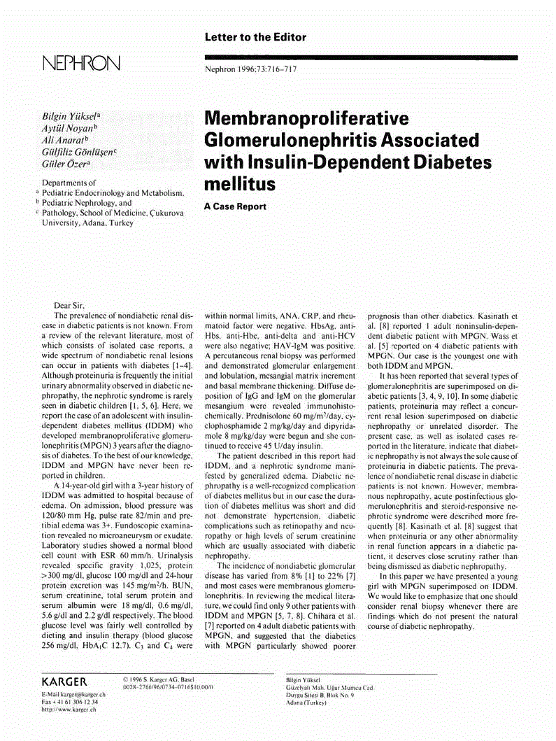 First page of Membranoproliferative Glomerulonephritis Associated with Insulin-Dependent Diabetes mellitus<subtitle>A Case Report</subtitle>