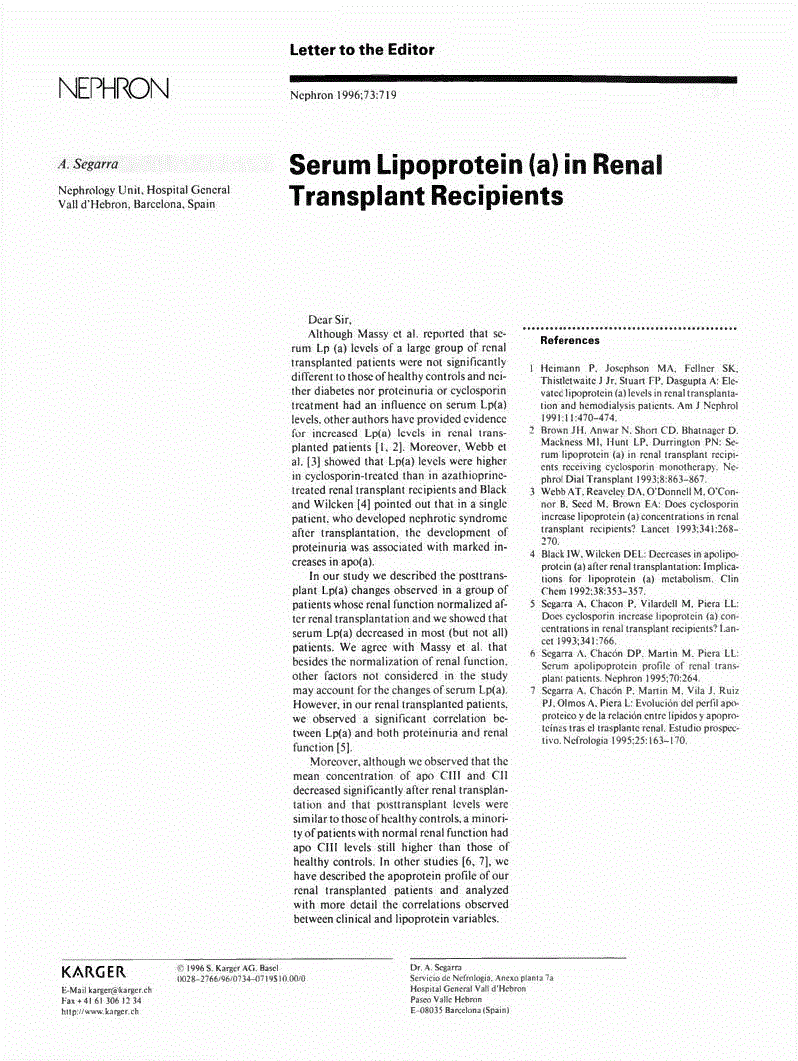 First page of Serum Lipoprotein (a) in Renal Transplant Recipients