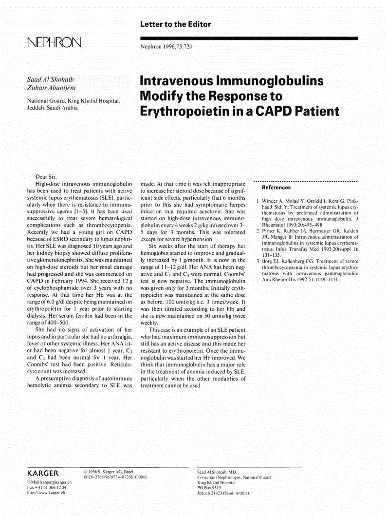 First page of Intravenous Immunoglobulins Modify the Response to Erythropoietin in a CAPD Patient