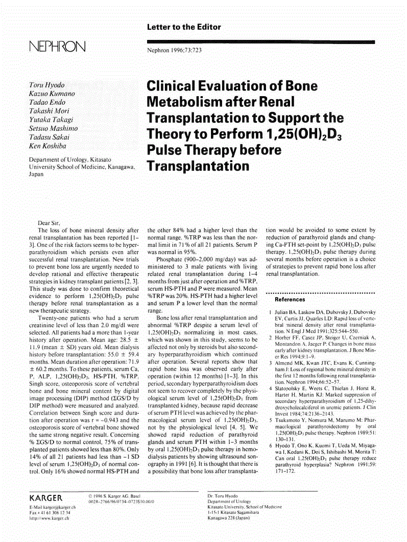 First page of Clinical Evaluation of Bone Metabolism after Renal Transplantation to Support the Theory to Perform 1,25(OH)<sub>2</sub>D<sub>3 </sub>Pulse Therapy before Transplantation