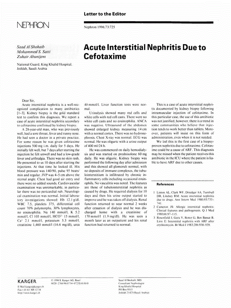 First page of Acute Interstitial Nephritis Due to Cefotaxime