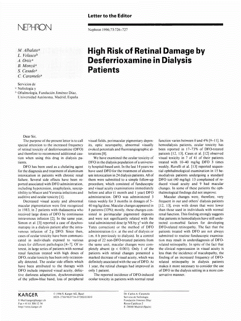 First page of High Risk of Retinal Damage by Desferrioxamine in Dialysis Patients