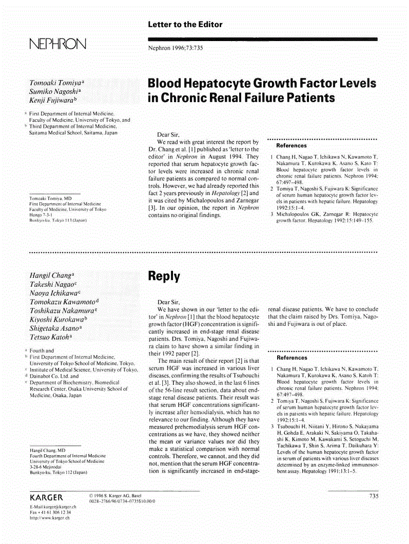 First page of Blood Hepatocyte Growth Factor Levels in Chronic Renal Failure Patients / Reply