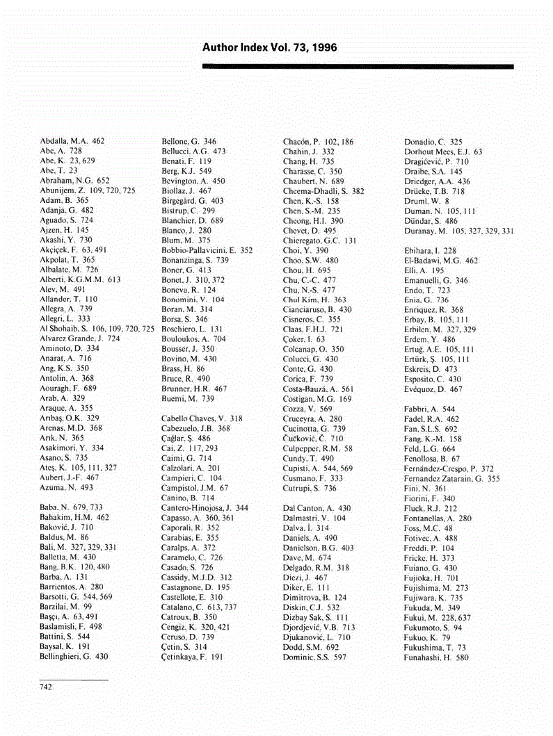 First page of Author Index Vol. 73,1996