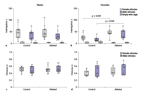 Fig. 3. PVN AVP-expressing cell ablations increase social investigation by females. a, b Boxplots indicating individual data points, median, first and third quartiles for time spent investigating wire cages with male or female stimulus animals, or an empty wire cage within the three-chamber apparatus. PVN AVP-expressing cell ablations in females (b), but not males (a), significantly increased investigation of female (p = 0.009) and male (p = 0.004) stimuli compared to controls. c, d Control and AVP-expressing cell-ablated subjects did not differ in distance traveled within the three-chamber apparatus.