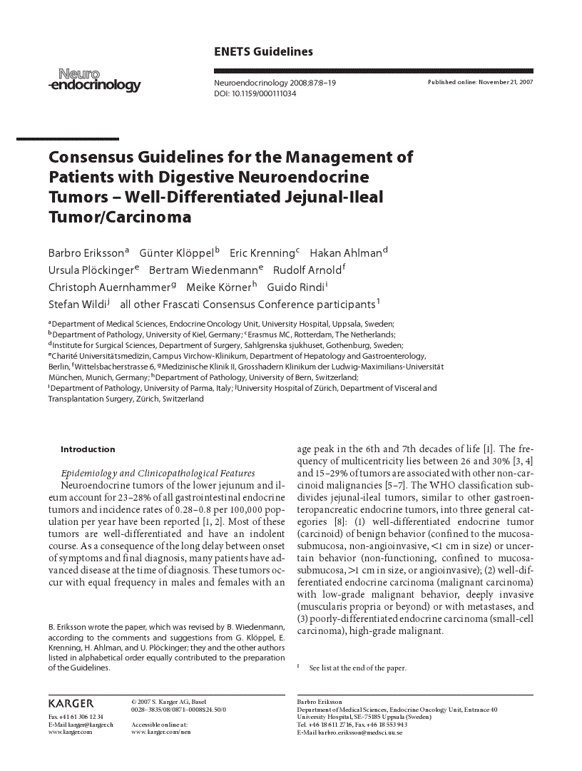 First page of Consensus Guidelines for the Management of Patients with Digestive Neuroendocrine Tumors – Well-Differentiated Jejunal-Ileal Tumor/Carcinoma