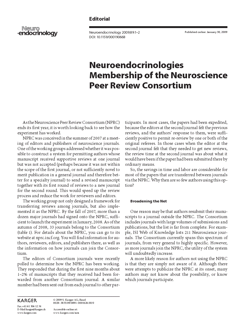 First page of Neuroendocrinologies Membership of the Neuroscience Peer Review Consortium