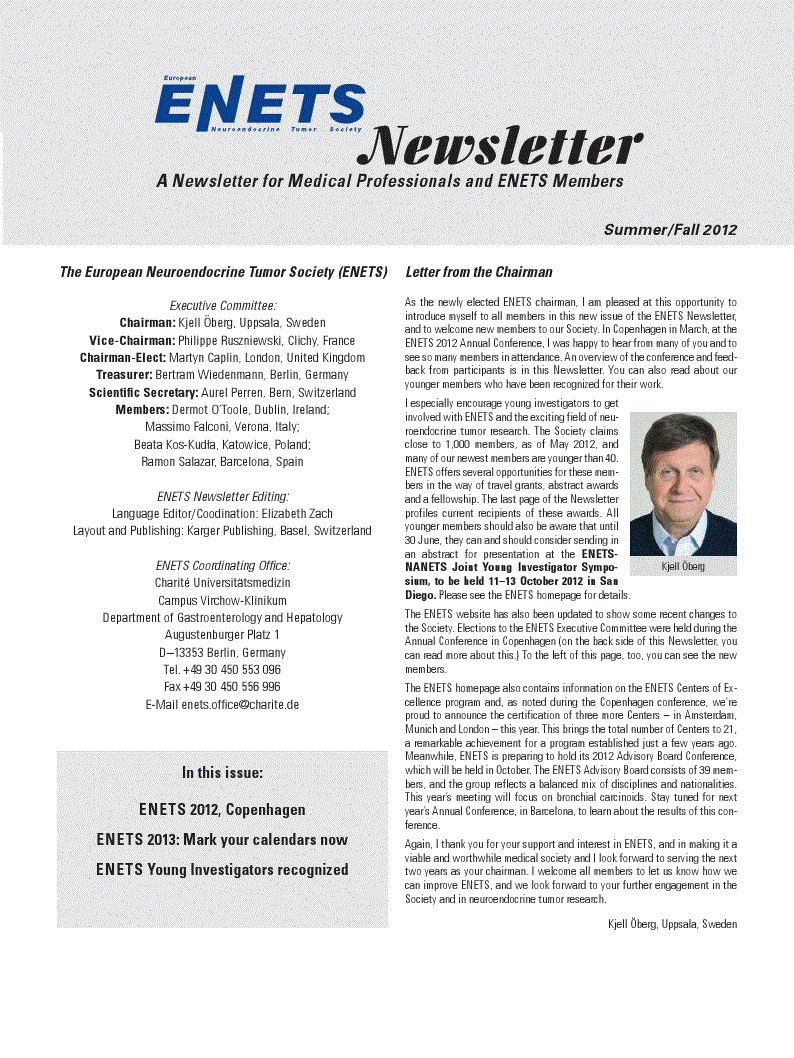 First page of ENETS Newsletter Summer/Fall 2012