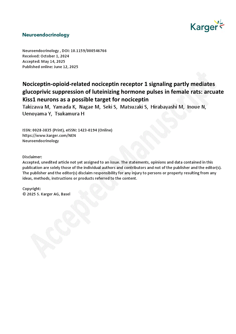 First page of Nociceptin-opioid-related nociceptin receptor 1 signaling partly mediates glucoprivic suppression of luteinizing hormone pulses in female rats: arcuate Kiss1 neurons as a possible target for nociceptin