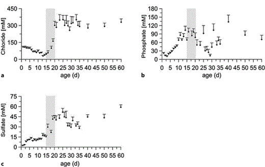 Fig. 3. Urinary concentration of Cl- (a), phosphate (b), and sulfate (c) during postnatal development of mice. The weaning phase is highlighted by a gray background. Data are shown separately for male and female mice in online supplementary figure 2.