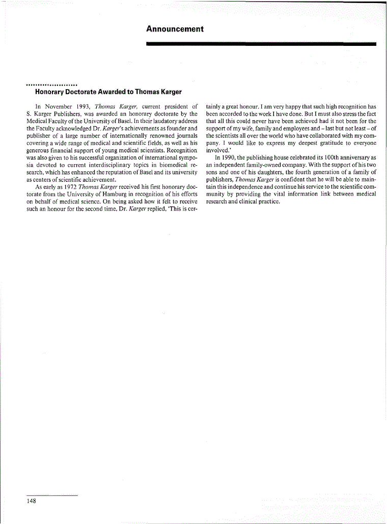 First page of Honorary Doctorate Awarded to Thomas Karger