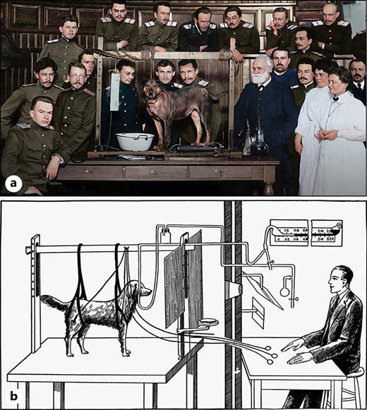 a Photograph from 1914 showing Ivan Pavlov together with his coworkers and his dog Bierka. b Schematical drawing of the experimental setup leading to the concept of classic conditioning.