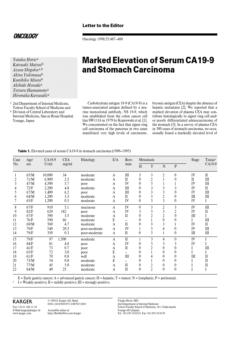 First page of Marked Elevation of Serum CA19-9 and Stomach Carcinoma