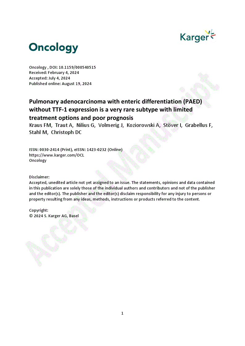 Pulmonary adenocarcinoma with enteric differentiation (PAED) without