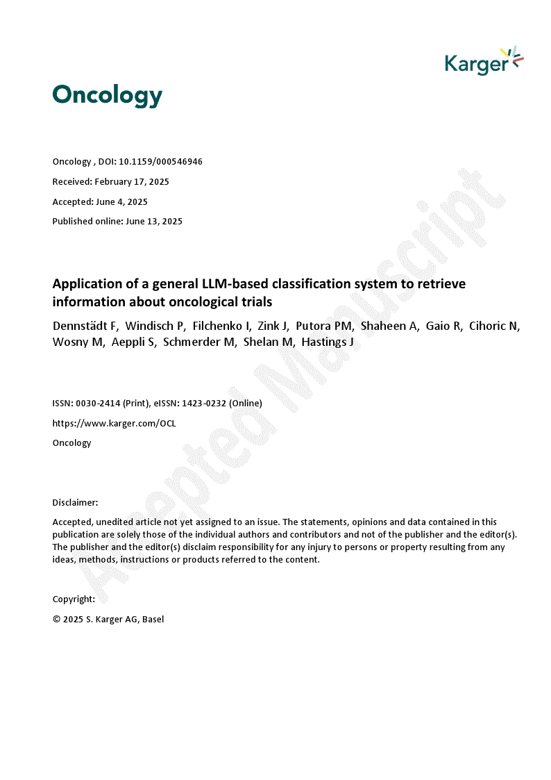 First page of Application of a general LLM-based classification system to retrieve information about oncological trials